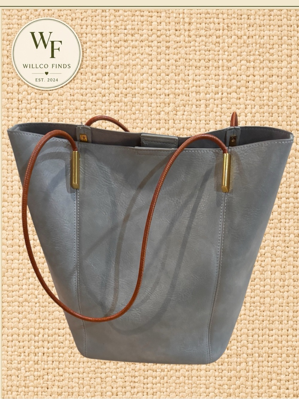 Gray Tote Bag Cognac Brown Handles Gold Hardware Large Shoulder Bag